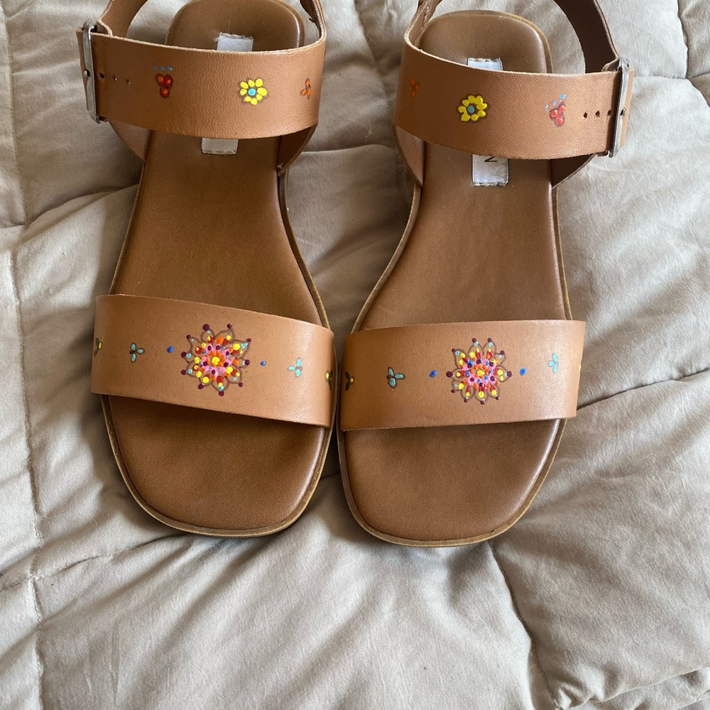 Women’s Leather Hand-Painted One-Of-A-Kind Tan Sandals with Floral Design